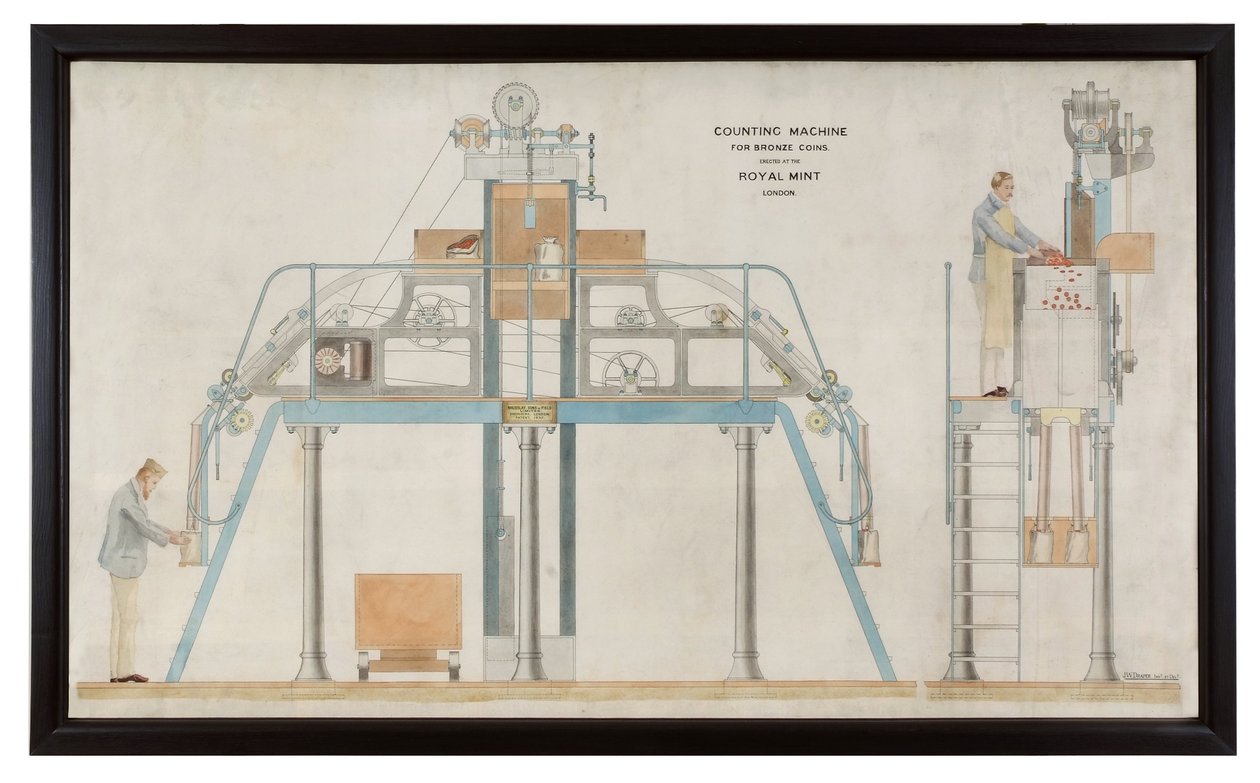 Plan over en automatisk tellemaskin, ca. 1895 (håndfarget gravering) av English School
