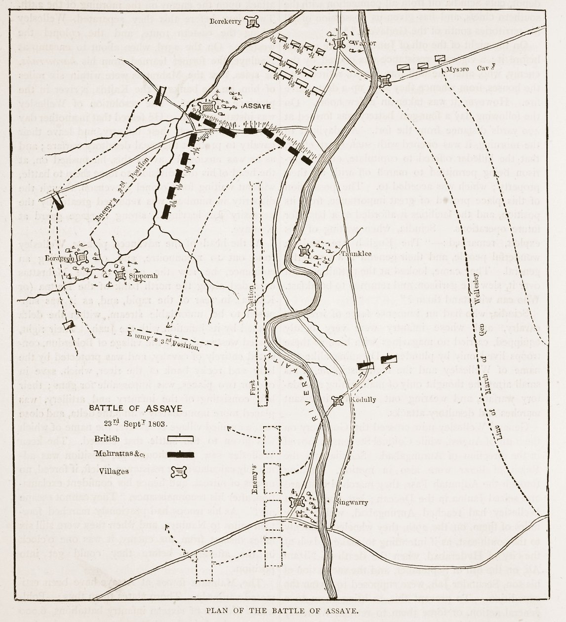Plan for slaget ved Assaye, illustrasjon fra Cassells Illustrated History of India av James Grant, pub. 1879 av English School