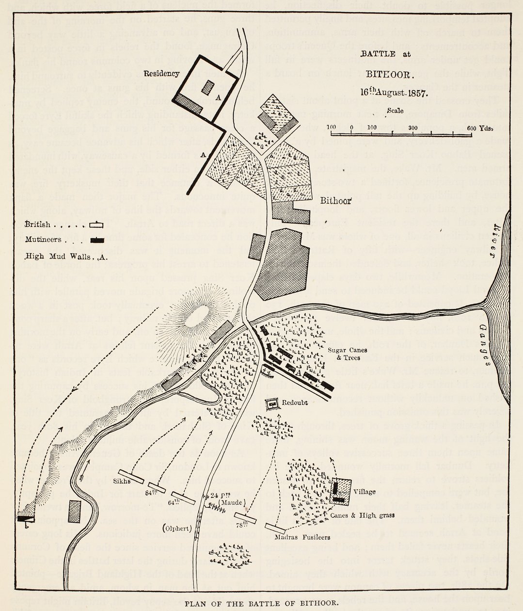 Plan for slaget ved Bithoor, 16. august 1857, fra Cassells Illustrated History of England av English School