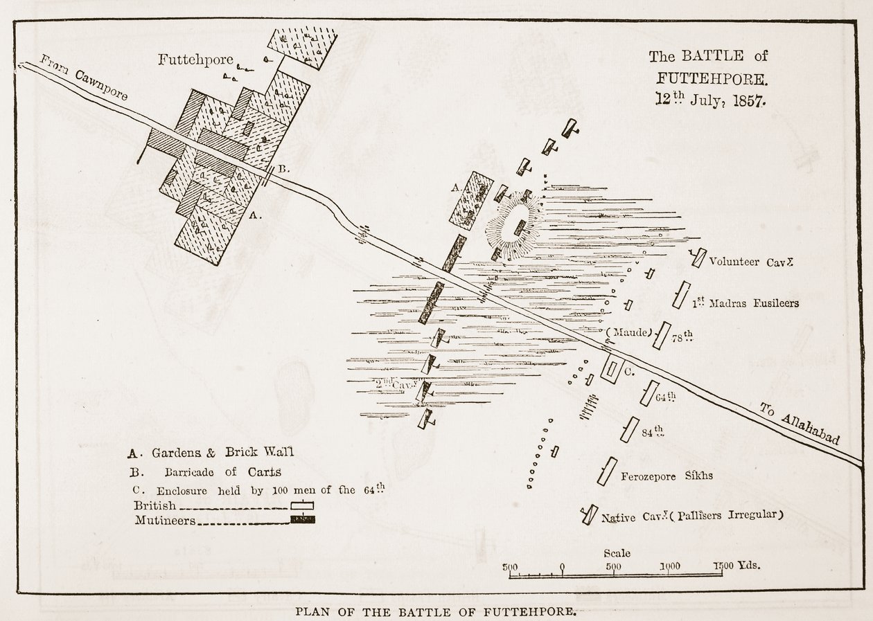 Plan for slaget ved Futtehpore, 12. juli 1857, fra Cassells Illustrated History of England av English School