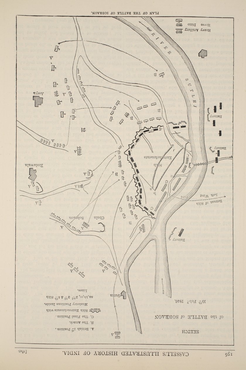 Plan for slaget ved Sobraon, 10. februar 1846, illustrasjon fra Cassells Illustrated History of England av English School