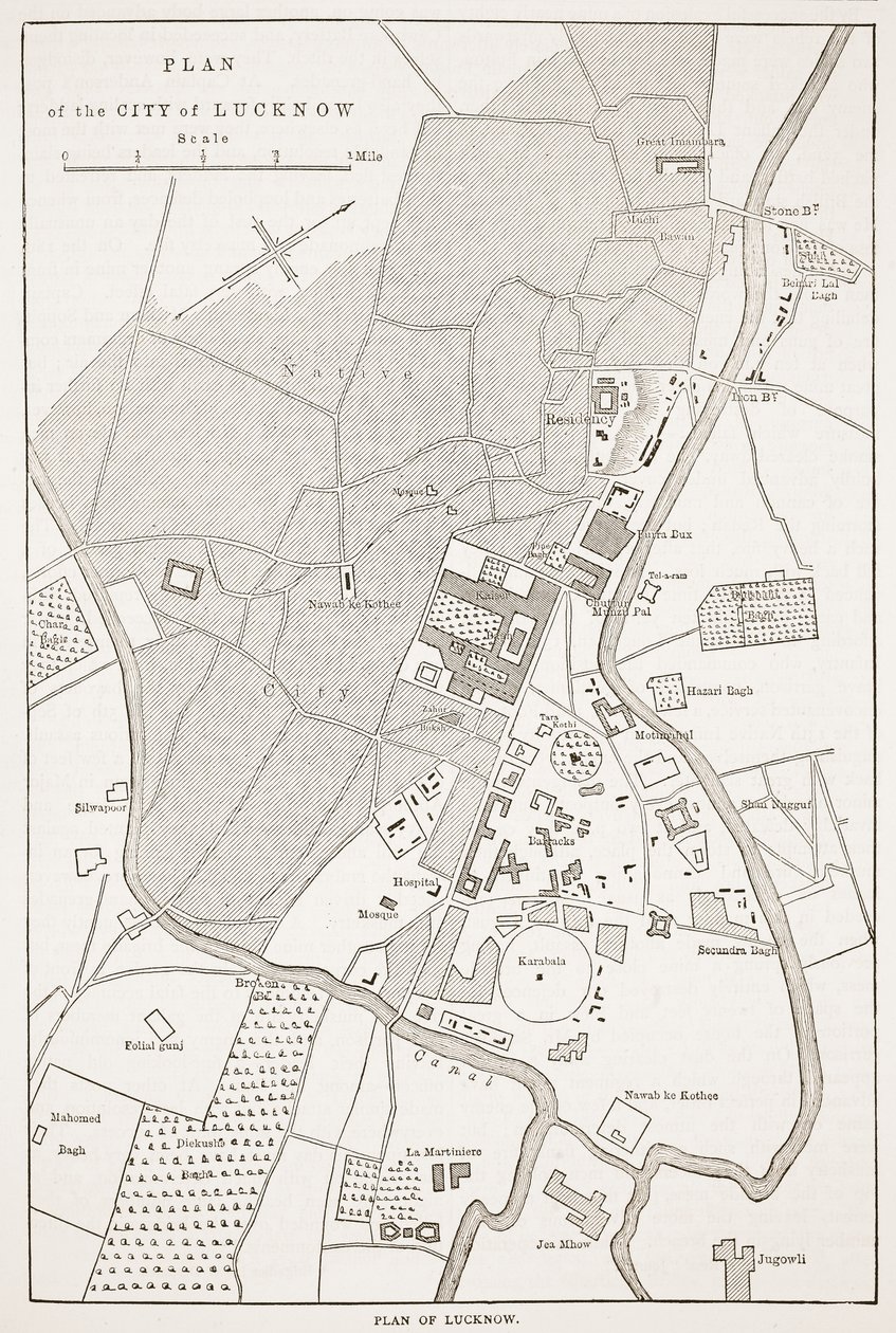 Plan for byen Lucknow, fra Cassells Illustrated History of England av English School