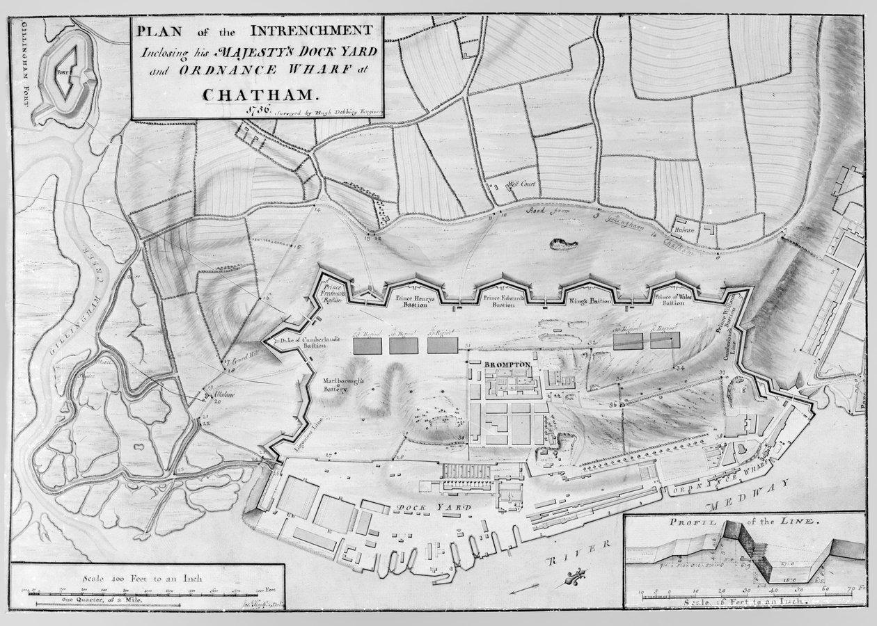 Plan for forankringen av Hans Majestets Dock Yard og Ordnance Wharf i Chatham av English School