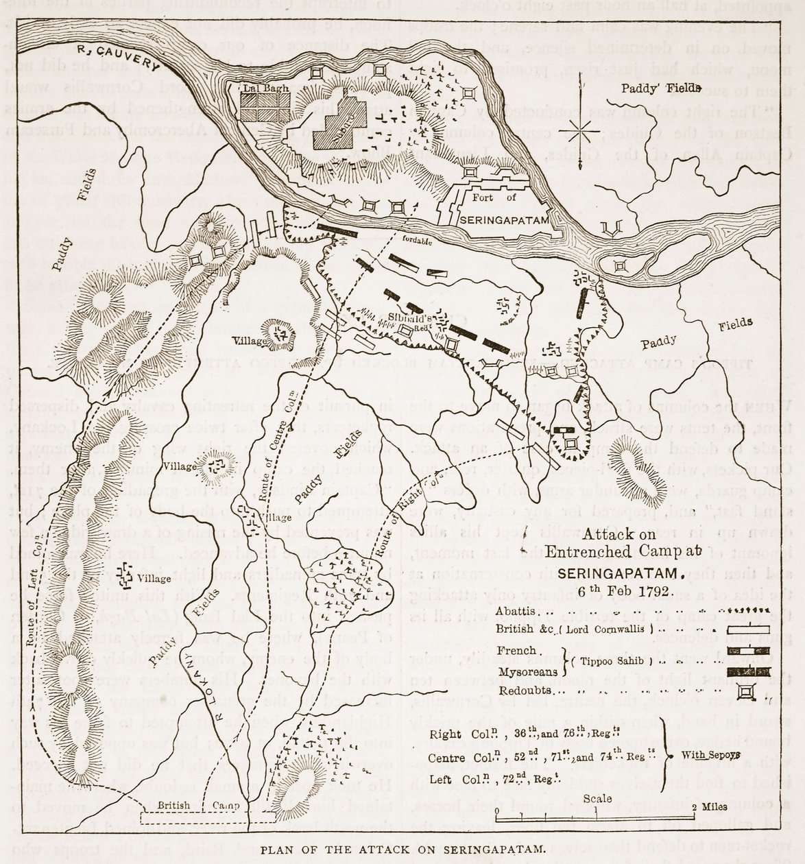 Plan for angrepet på Seringapatam, illustrasjon fra Cassells Illustrated History of India av James Grant, pub. 1879 av English School