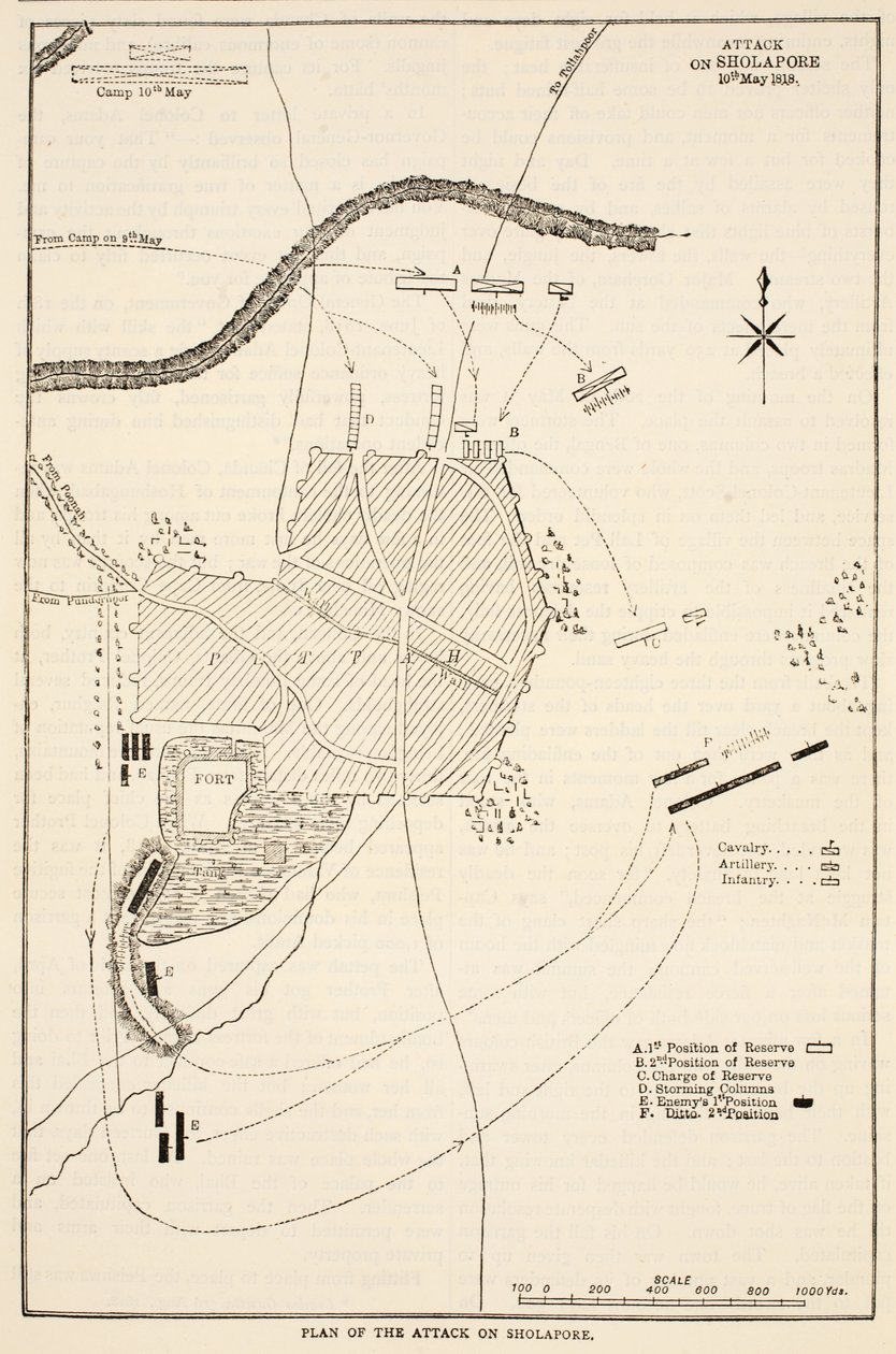 Plan for angrepet på Sholapore, illustrasjon fra Cassells Illustrated History of India av James Grant, pub. 1879 av English School