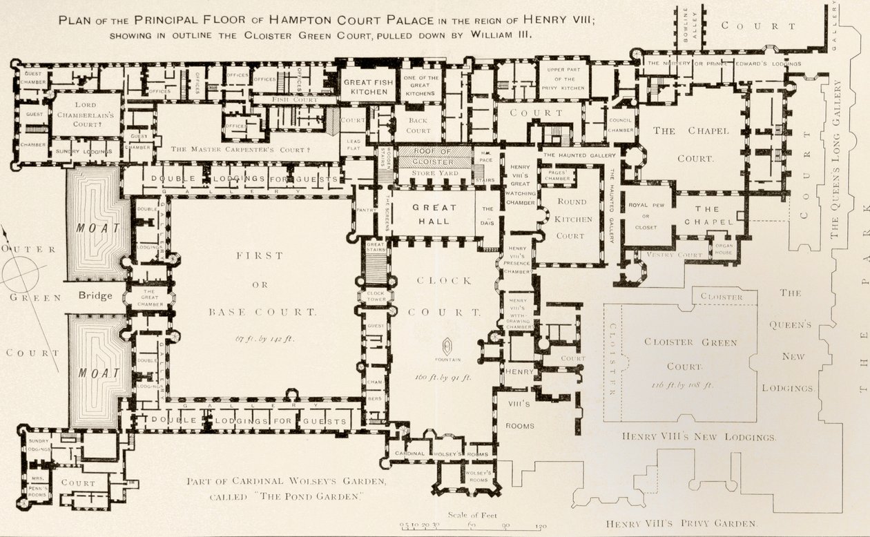 Plan over hovedetasjen til Hampton Court Palace slik det var under kong Henry VIIIs regjeringstid, fra History of Hampton Court Palace i Tudor Times av Ernest Law, publisert London 1885 av English School