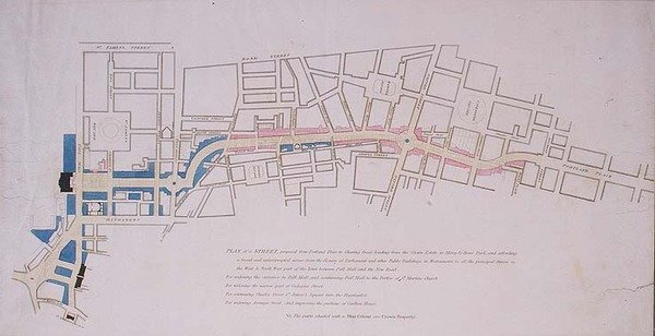 Plan presentert for House of Commons of a Street foreslått fra Charing Cross til Portland Place, som fører til Crown Estate i Marylebone Park av English School
