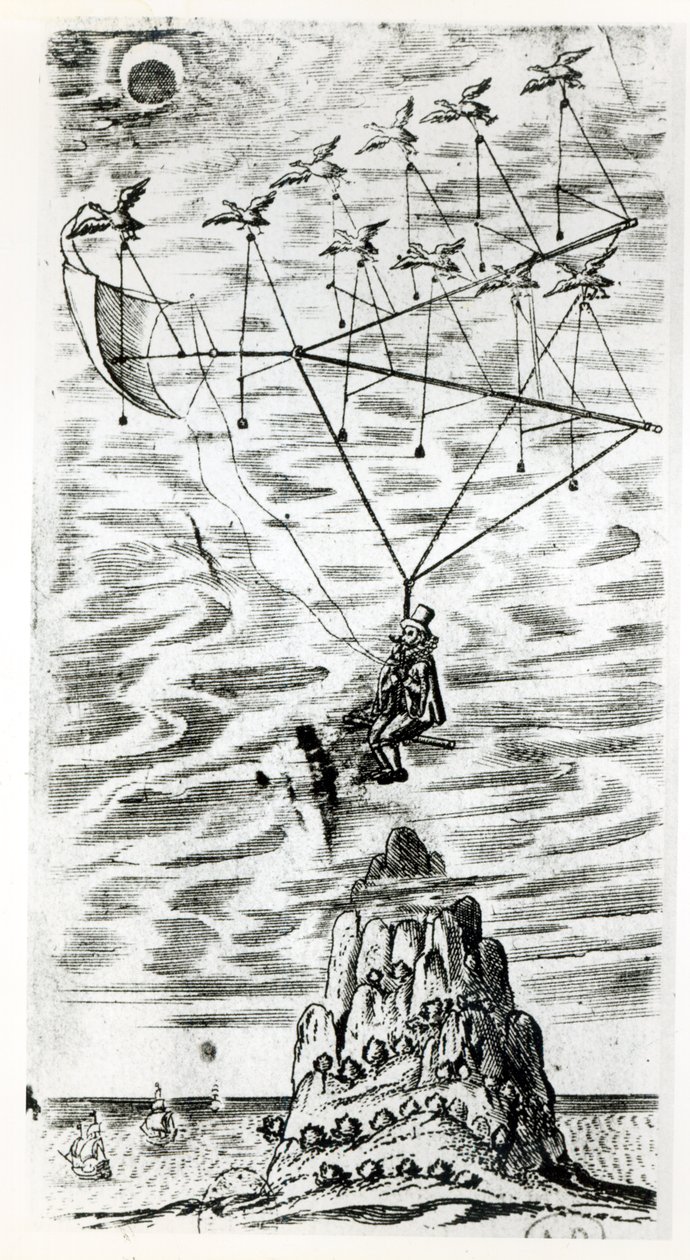 Fly, illustrasjon fra fronten av The man in the moone eller en diskurs om en reise dit av Domingo Gonsales, the speedy Messenger av Francis Godwin (1562-1633), publisert posthumt i av English School