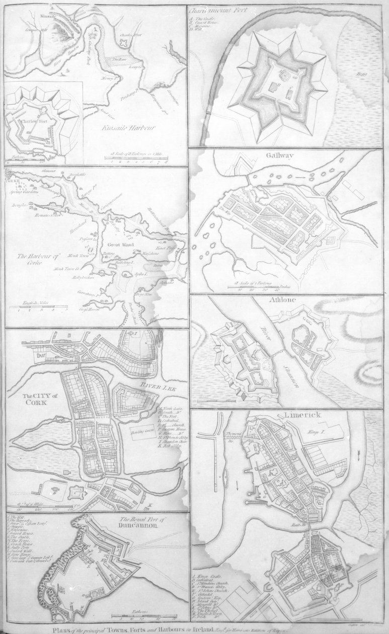 Planer for de viktigste byene, fortene og havnene i Irland, illustrasjon fra 'Harrison's Edition of Rapin', publisert ca. 1784-7 av English School
