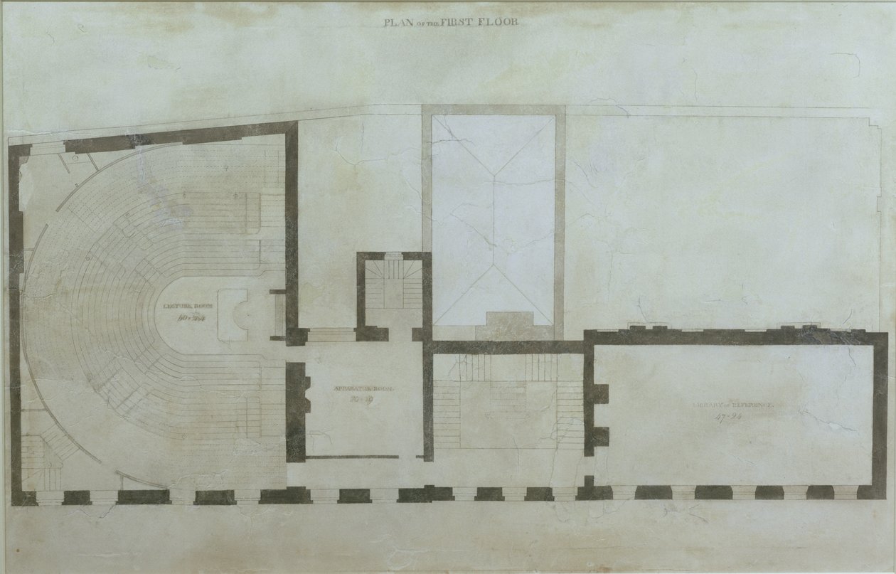 Planer av første etasje i 21 Albemarle Street etter de første endringene av huset etter anskaffelse av det av Royal Institution, ca. 1800 (blyant og wc på papir) av English School