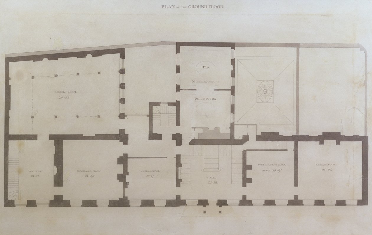 Planer for første etasje i Albemarle Street 21 etter de første endringene av huset etter anskaffelse av det av Royal Institution, ca. 1800 (blyant og wc på papir) av English School