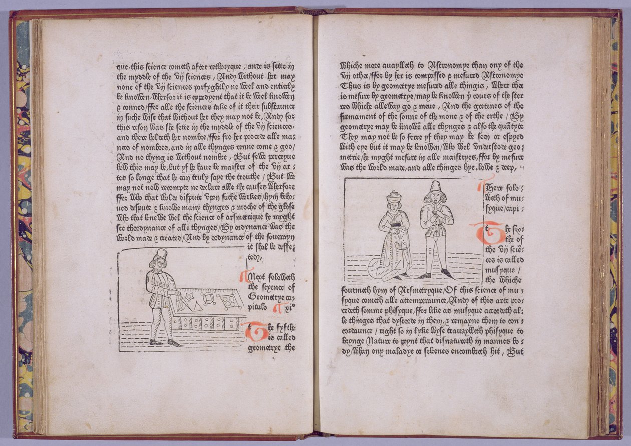 Plate C5v-C6r, fra "Hier begynneth the book callid the myrrour of the worlde" av William Caxton, 1481 (tresnitt og boktrykk) av English School