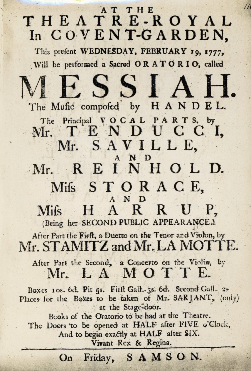 Playbill som annonserer en fremførelse av Händels oratorium, 