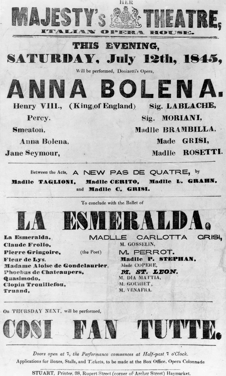Playbill for Her Majesty's Theatre, Italian Opera House, 1845 (trykt papir) av English School