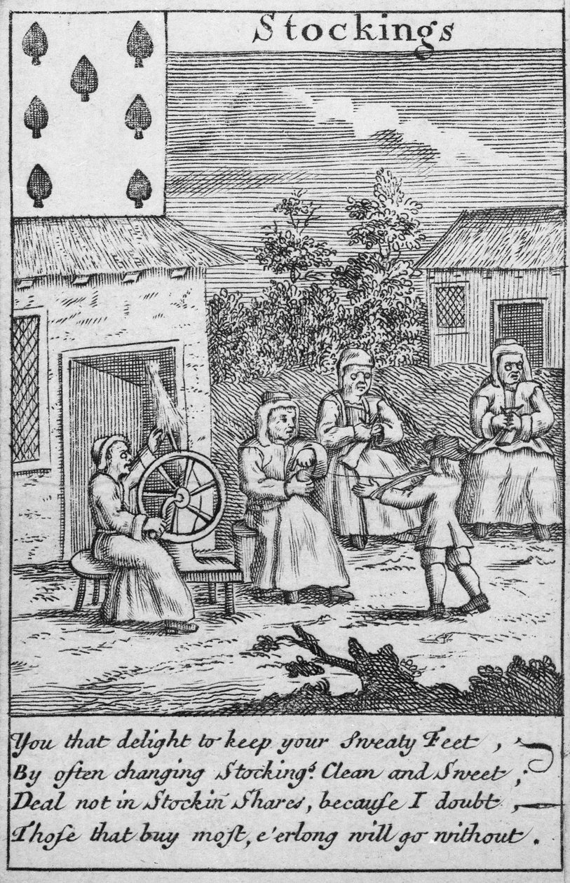Spillekort som viser arbeidere som lager strømper (trykk) (detalj av 392627) av English School