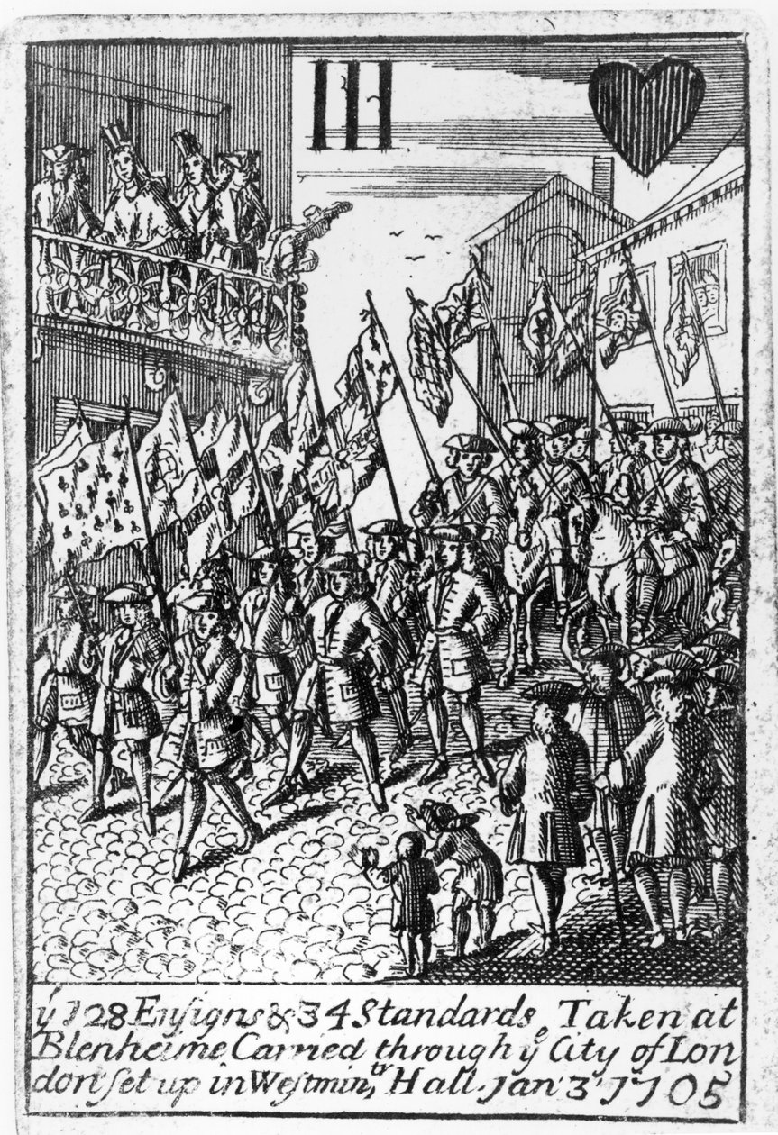 Spillekort som viser fenrikene og standardene tatt på Blenheim, som ble båret gjennom City of London, 3. januar 1705 av English School