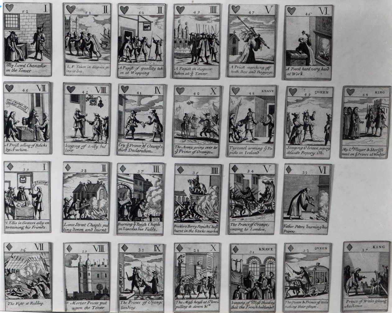 Spillekort som viser episoder fra den strålende revolusjonen 1688-89, ca. 1689 av English School
