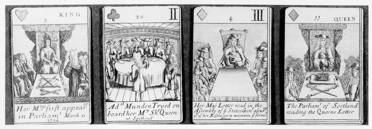 Spillekort som skildrer hendelser tidlig i dronning Annes regjeringstid, fra et sett til minne om den spanske arvefølgekrigen (1702-13) av English School