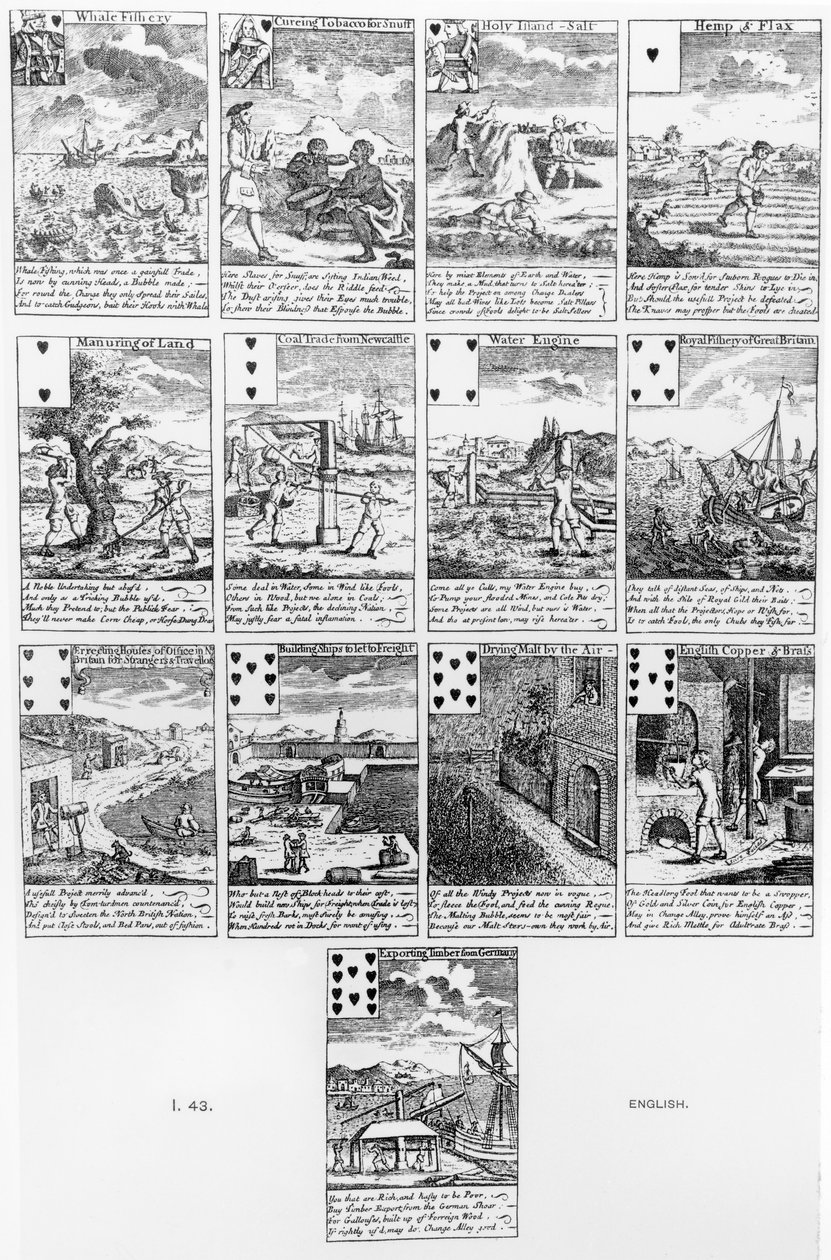Spillekort som satiriserer bobleforetak, ca. 1720 av English School