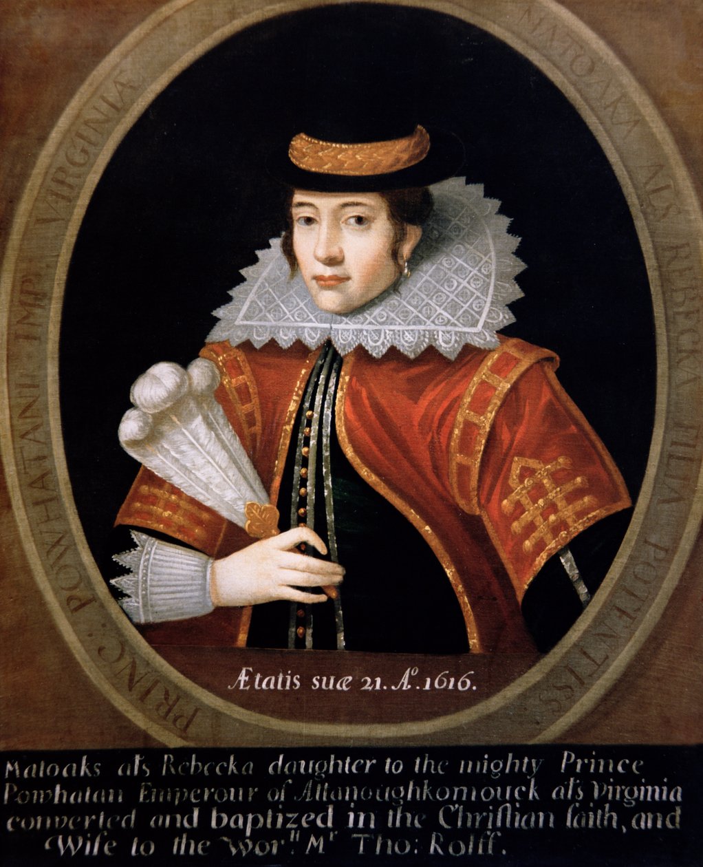 Pocahontas (ca. 1595-1617) 1616 (olje på lerret) av English School
