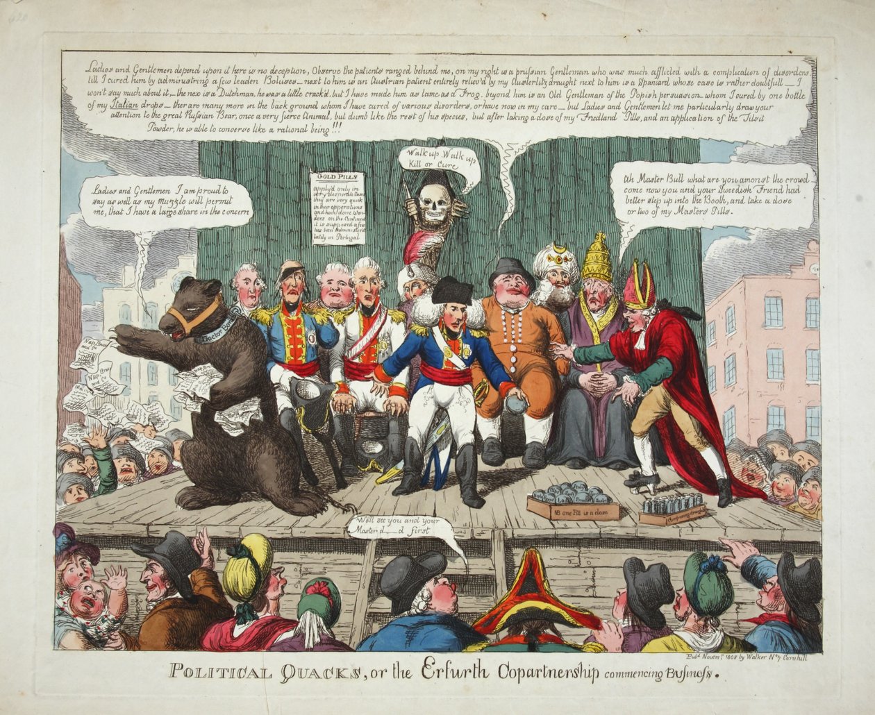 Political Quacks, eller Erfurth Copartnership starter Business, pub. 1808 (håndfarget gravering) av English School