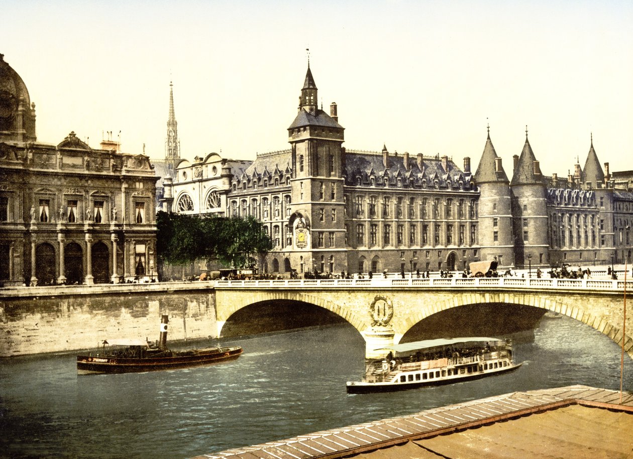 Bridge at the Change og Palais de Justice, Paris (håndfarget bilde) av English School
