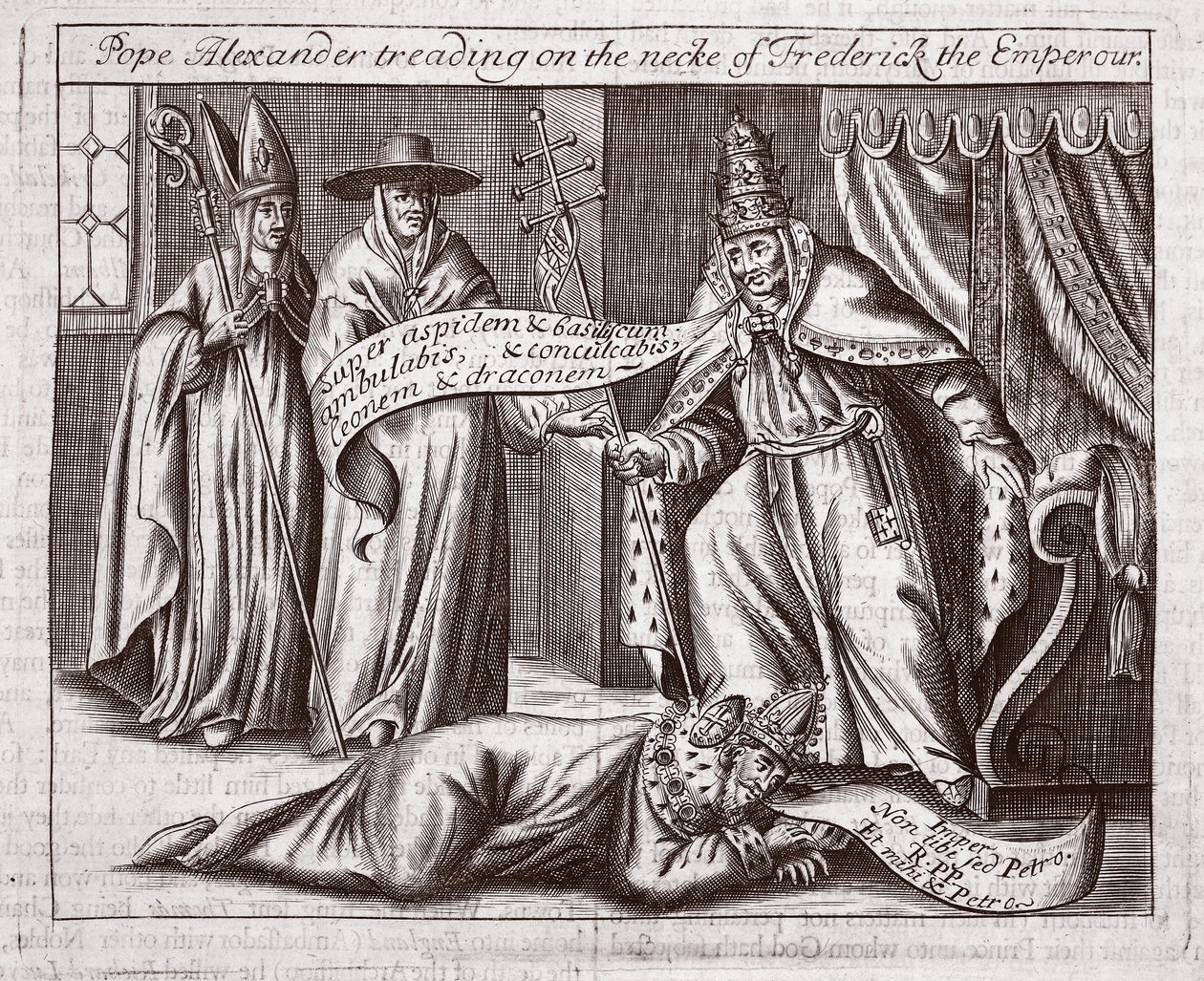 Pave Alexander tråkker på halsen til keiser Frederick, illustrasjon fra Acts and Monuments av John Foxe, niende utgave, pub. 1684 av English School