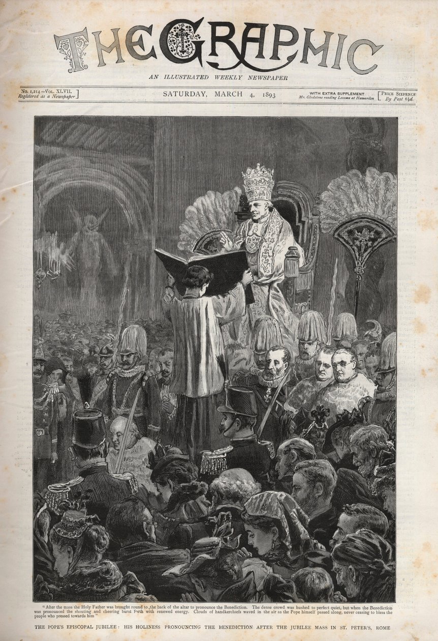 Pave Leo XIII (Leon XIII) Pavens episkopale jubileum, Hans Hellighet uttaler velsignelsen etter jubileumsmessen i Peterskirken, Roma - Illustrasjon for The Graphic, 4. mars 1893. av English School
