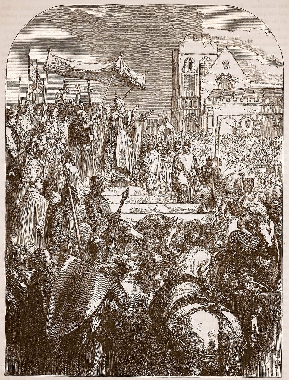 Pave Urban II forkynte det første korstoget på markedsplassen i Clermont, 1096, illustrasjon fra Cassells Illustrated History of England (sepiafoto) av English School