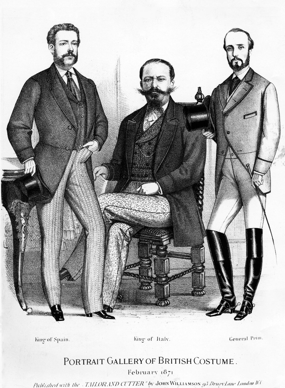 Portrait Gallery of British Costume, som presenterer kongene av Spania og Italia og General Prim, utgitt med Tailor and Cutter, 1871 av English School
