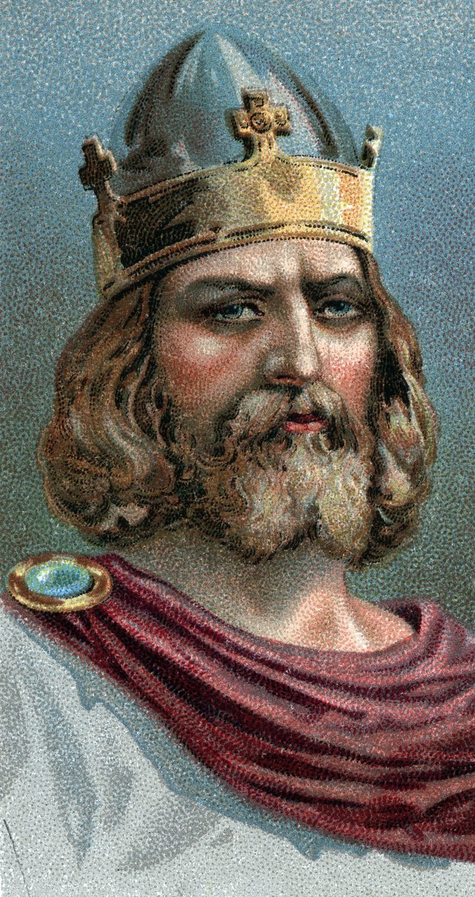 Portrett av Alfred den store (Alfred den store, 849-899), King of Wessex, 800-tallet e.Kr. - Fra serien "" Leaders of Men""" - Chromolithography - English School, 20. århundre - av English School