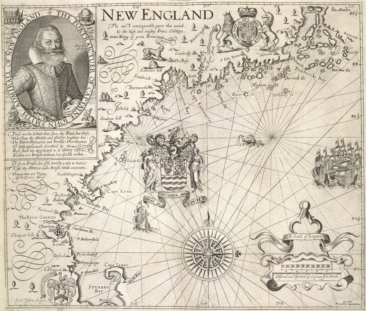 Portrett av kaptein John Smith. Et bilde av kysten av New England, i "A Description of New England: or the Observations ...", av John Smith av English School