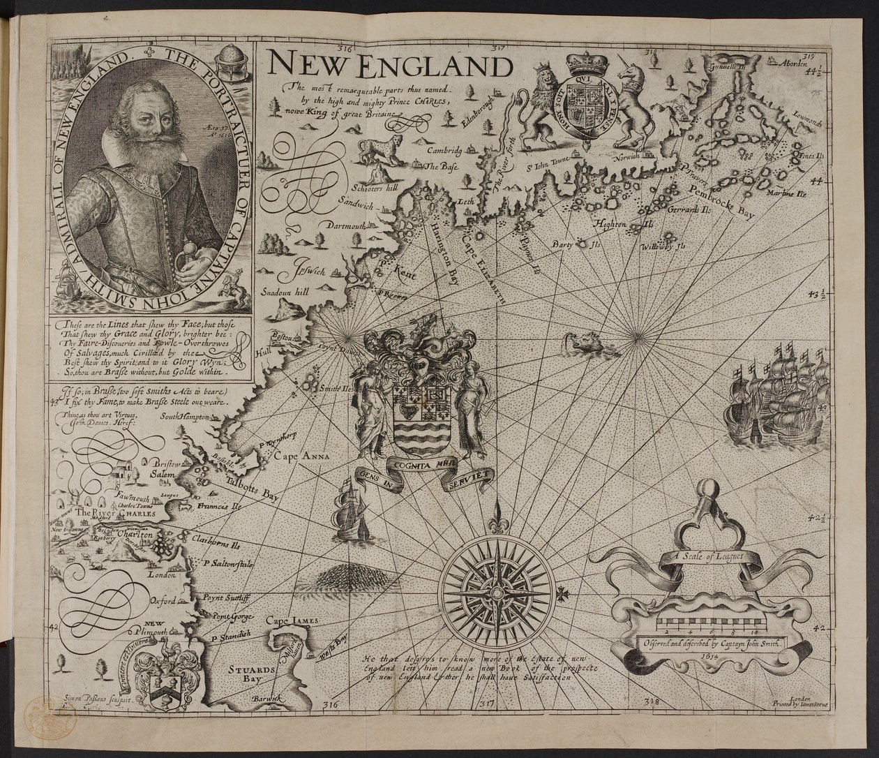 Portrett av kaptein John Smith. Et bilde av kysten av New England, i "A Description of New England: or the Observations ...", av John Smith av English School