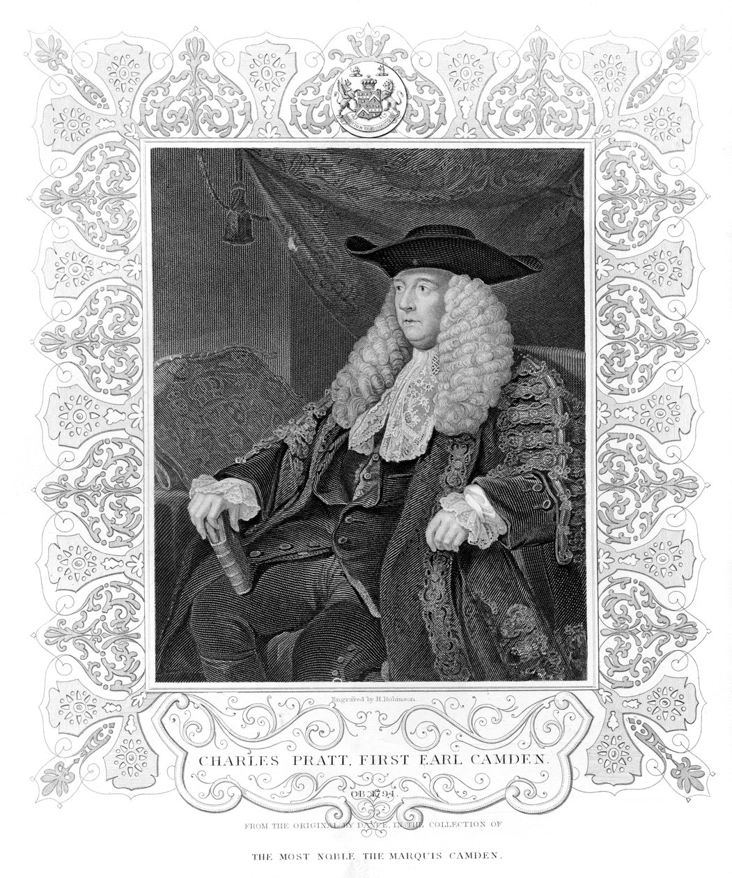Portrett av Charles Pratt, 1. jarl Camden, gravert av H. Robinson av English School