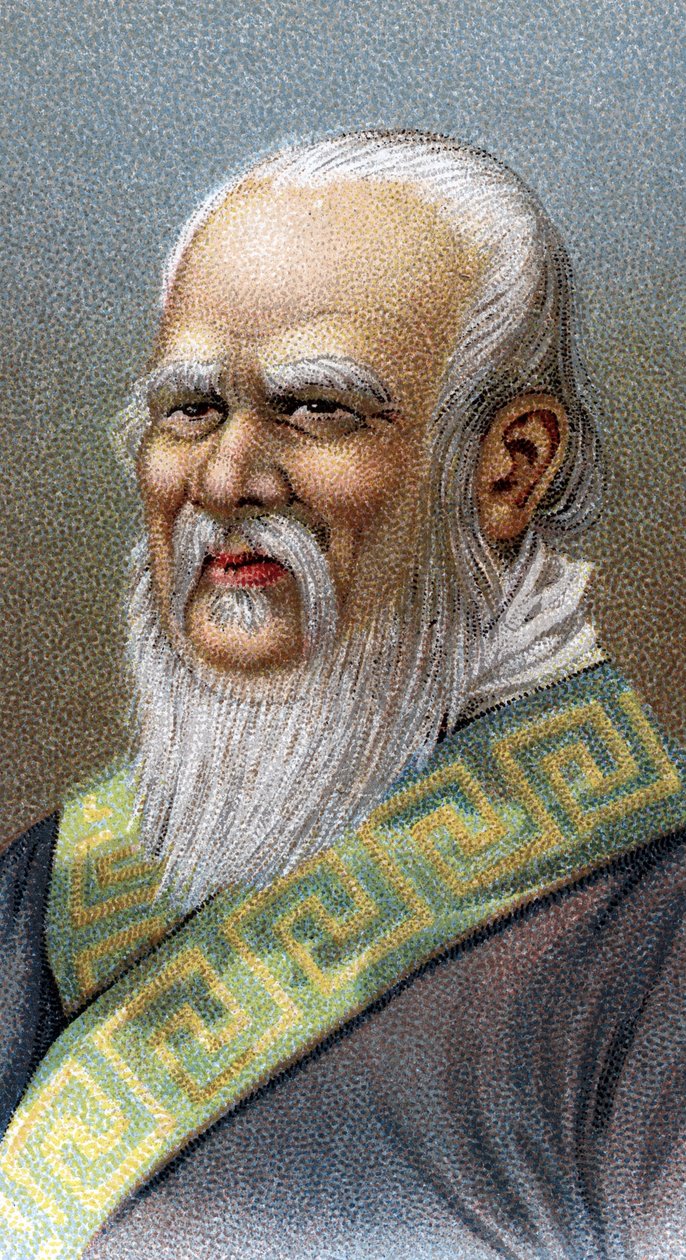 Portrett av Konfucius (551-479) f.Kr. - Confucius (eller Kong Fu Zi eller KongZi) (551-479 f.Kr.) - Fra serien "" Leaders of Men""" - Chromolithography - English School, 20. århundre - av English School