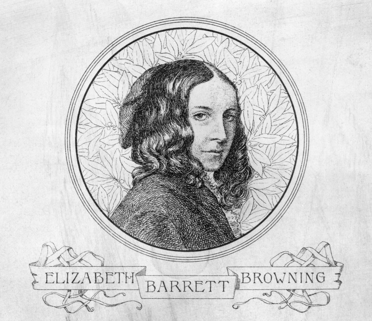 Portrait of Elizabeth Barrett Browning (1806-61) (engraving) (b&w photo) av English School