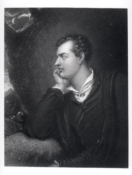 Portrett av George Gordon, 6. Lord Byron av Rochdale (1788-1824) (gravering) (s/hvitt foto) av English School