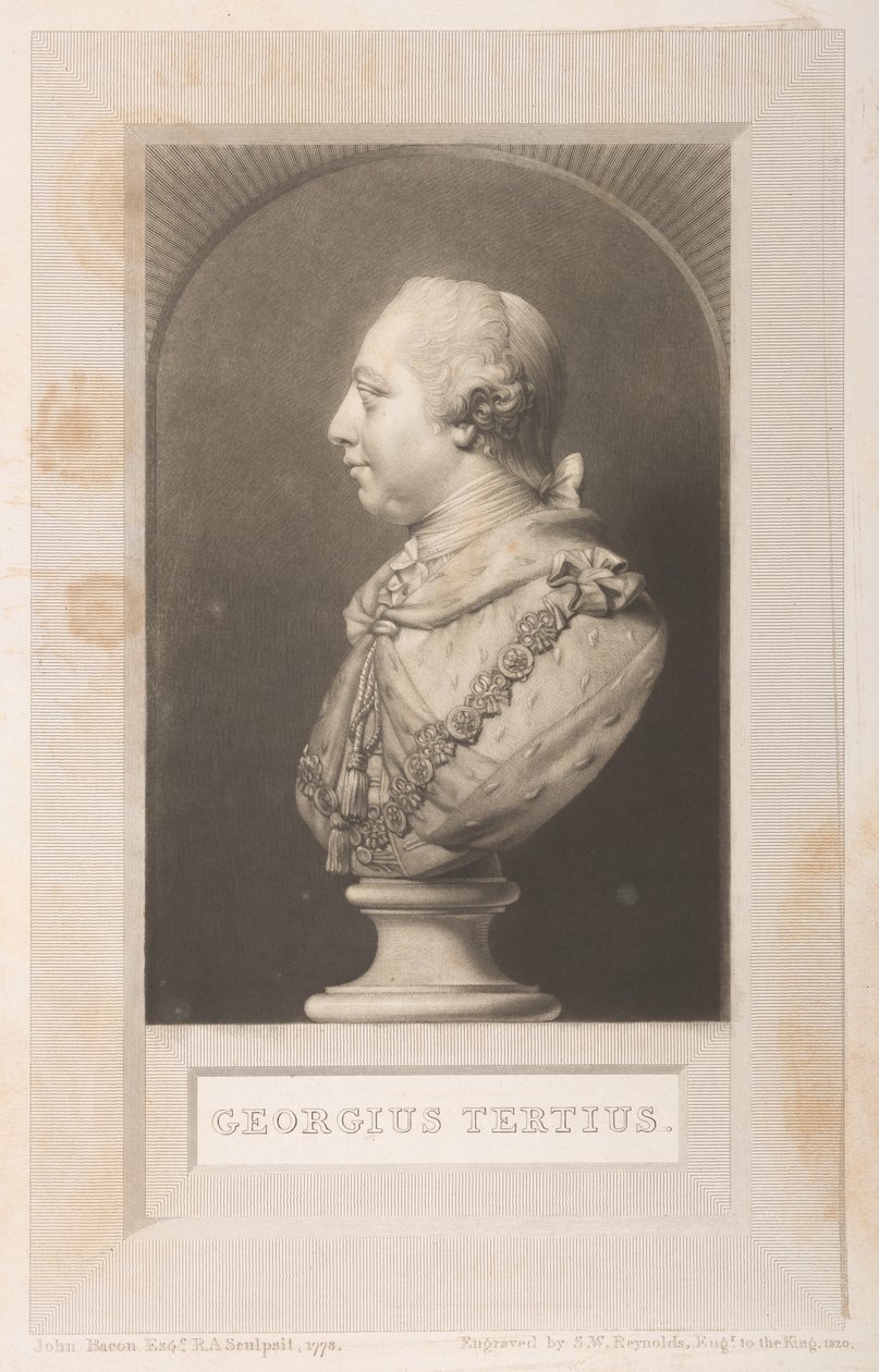 Portrett av George III fra en byste, fra Frederick Augusta Barnard, Catalogue of the Royal Library, bind I, frontispice av English School