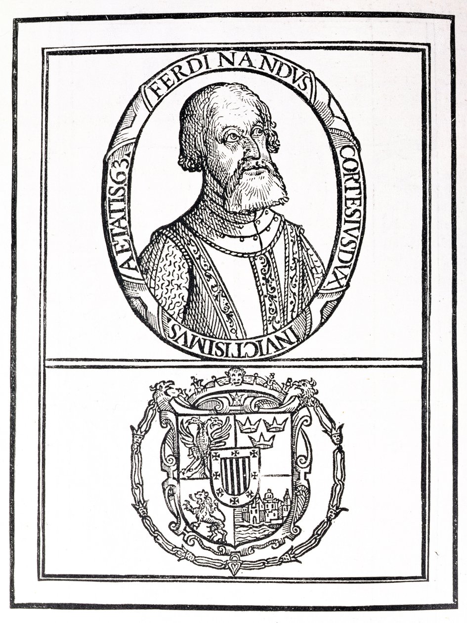 Portrett av Hernan Cortes (1485-1547) og armene hans, fra 