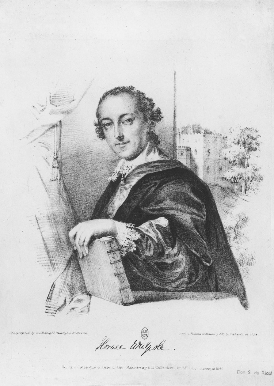 Portrett av Horace Walpole (1717-97) greve av Orford, gravert av G. Madeley, 1754 (gravering) (bw-foto) av English School