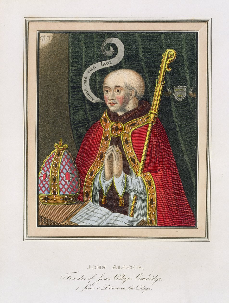 Portrett av John Alcock (ca. 1430-1500), grunnlegger av Jesus College, Cambridge, fra The History of Cambridge, pub. av R. Ackermann, 1815 (fargeakvatint) av English School