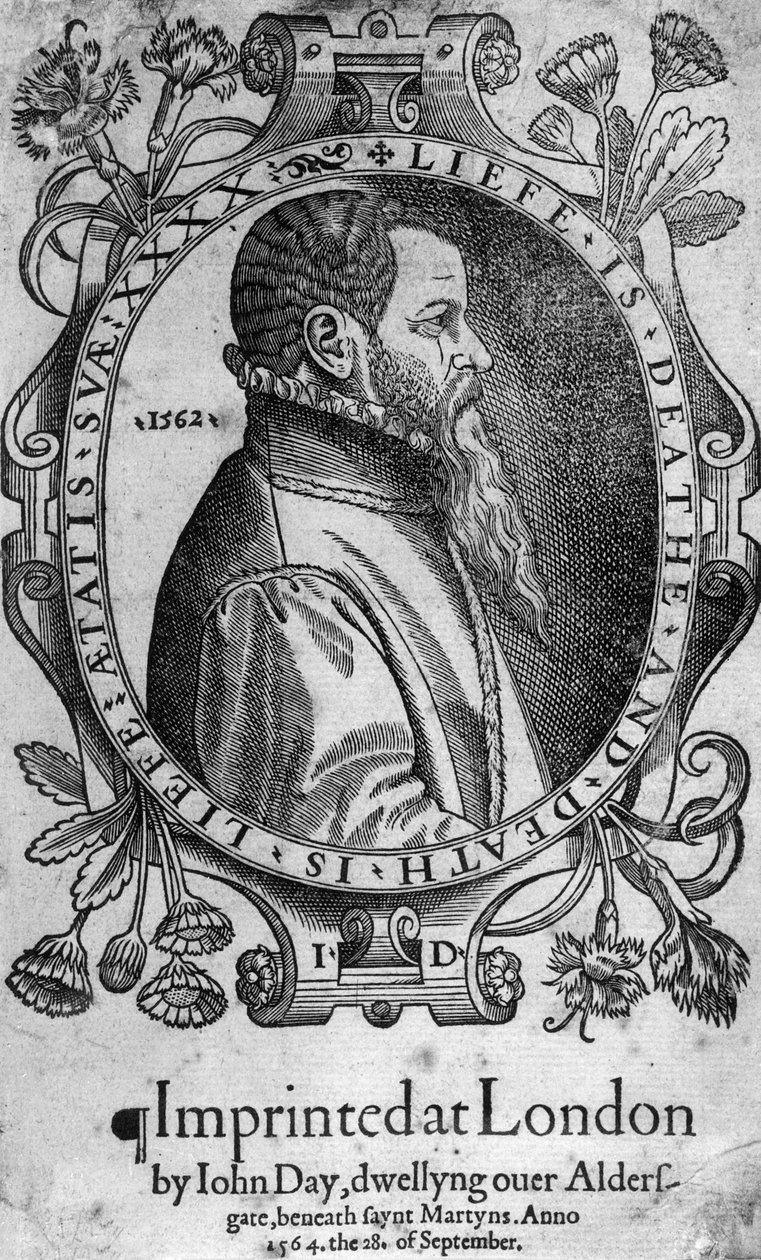 Portrett av John Day, frontispice til Foxes Book of Martyrs, 1564 av English School