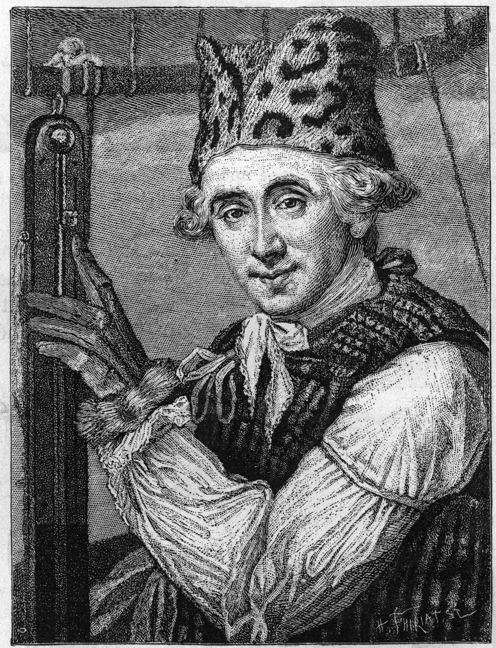 Portrett av John Jeffries (1745-1819), amerikansk fysiker. Han var representert i flydressen han hadde på seg i 1785 da han krysset kanalen i en luftballong. (Fra en engelsk gravering, utgitt i 1786). (Tissandier-samlingen). Gravering i "" av English School