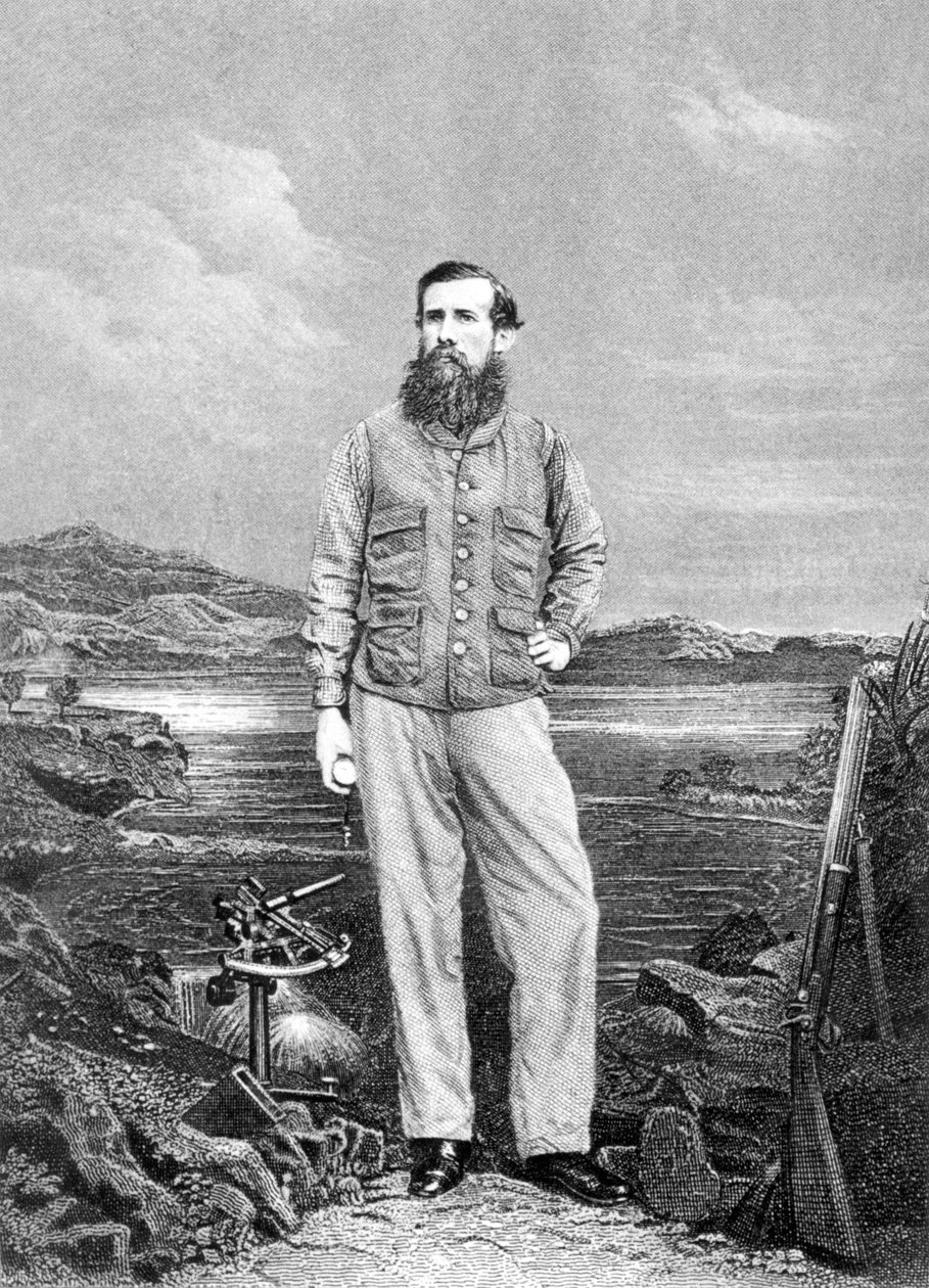 Portrett av John Speke (1827-64) foran Victoriasjøen, frontispice til Journal of the Discovery of the Source of the Nile publisert 1863 av English School