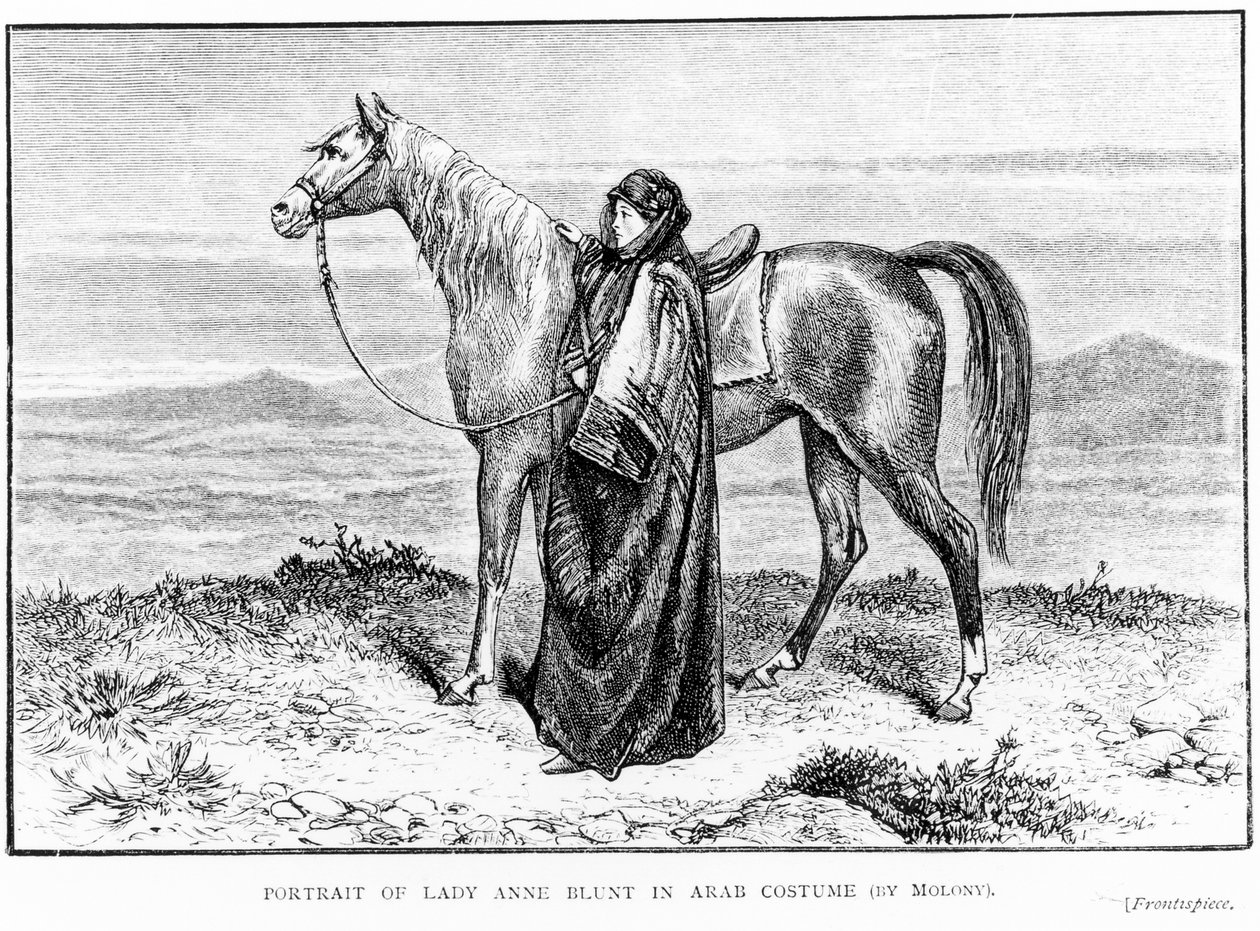 Portrett av Lady Anne Blunt (1837-1917) i arabisk drakt med en arabisk hest, frontispice til hennes bok A Pilgrimage to Nejd, utgitt 1881 av English School