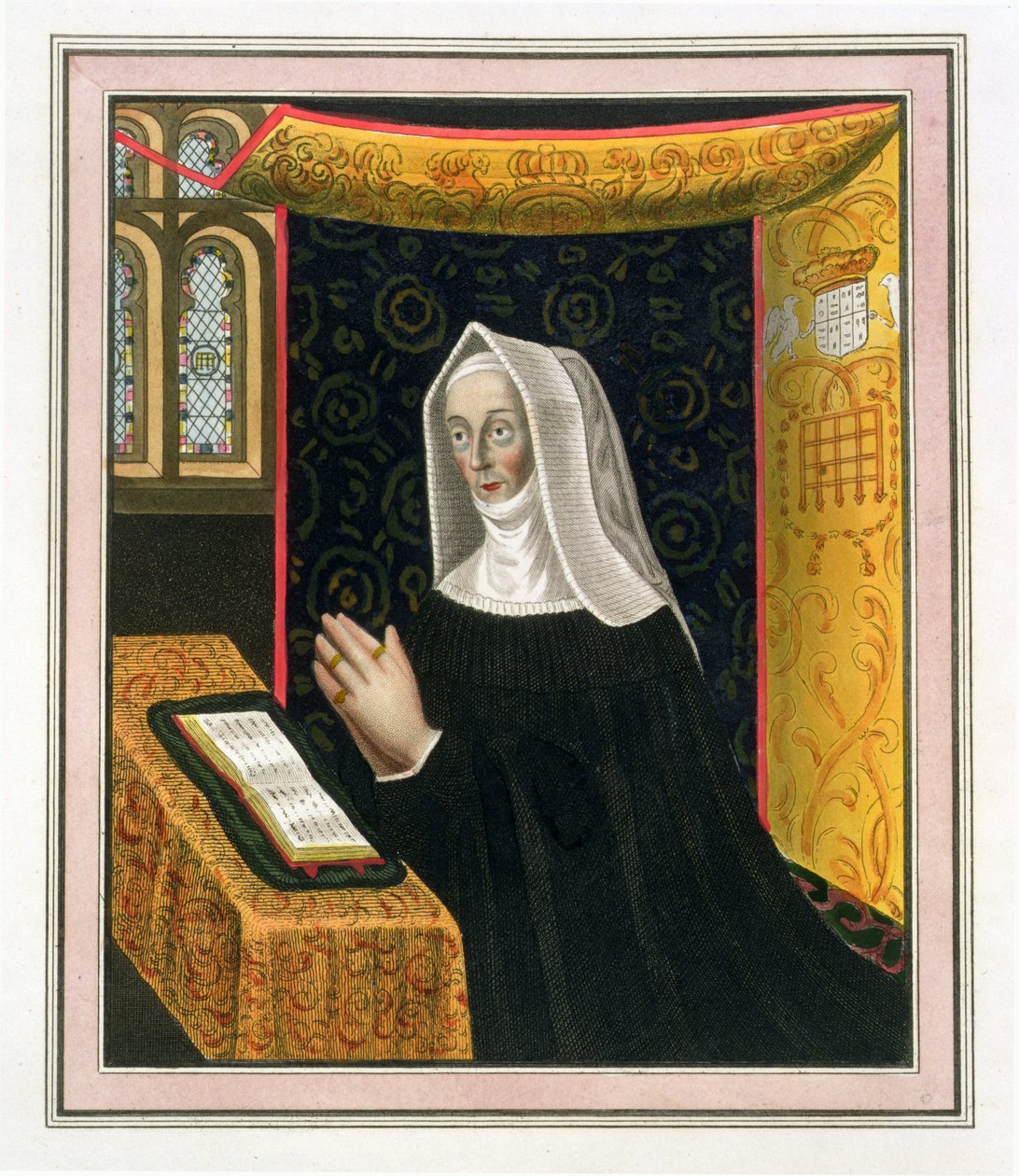 Portrett av Margaret Beaufort, grevinne av Richmond og Derby (1443-1509), grunnlegger av St. Johns College, Cambridge, fra The History of Cambridge, pub. av R. Ackermann, 1815 (fargeakvatint) av English School