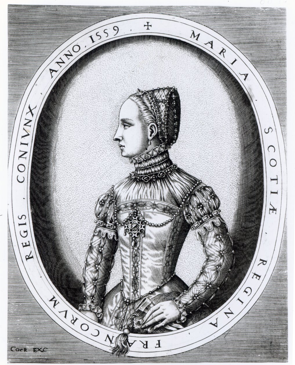 Portrett av Mary Queen of Scots (1542-87) gravert av Hieronymus Cock (ca. 1510-70) 1559 av English School