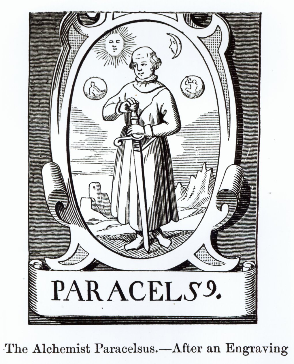 Portrett av Paracelsus (Philippus Aureolus Theophrastus) (1493-1541), illustrasjon fra Vitenskap og litteratur i middelalderen og renessansen, skrevet og gravert av Paul Lacroix, 1878 (woodc av English School