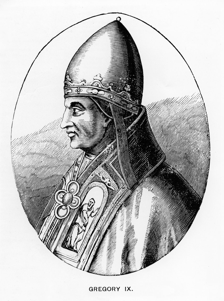 Portrett av pave Gregor IX (ca. 1170-1241) illustrasjon fra "Vitenskap og litteratur i middelalderen og renessansen", skrevet og gravert av Paul Lacroix, 1878 av English School