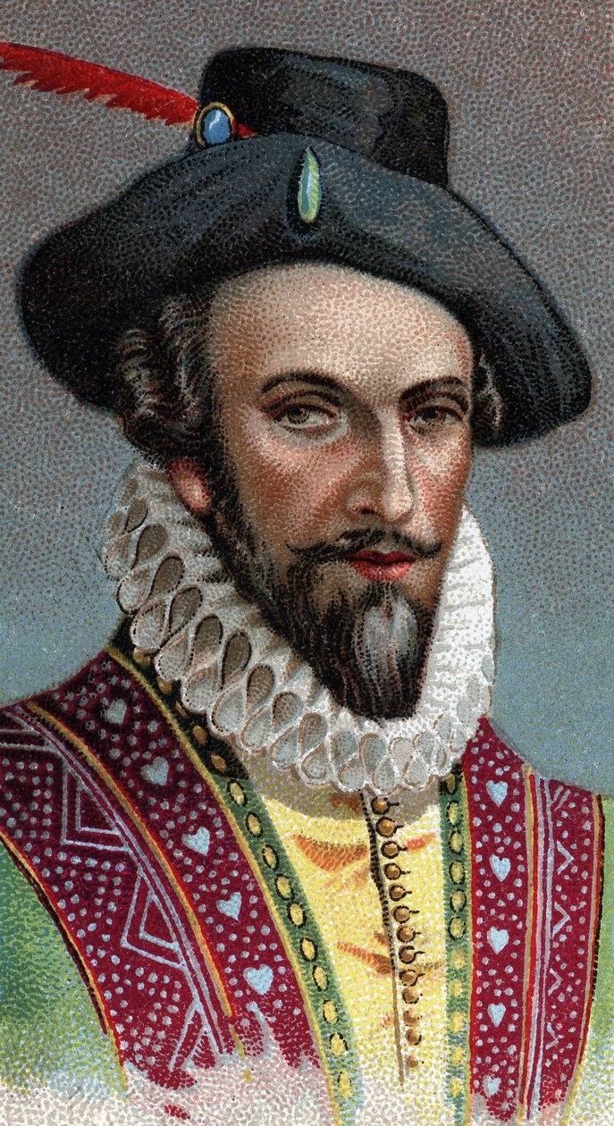 Portrett av Raleigh, Sir Walter (1554-1618). Engelsk sjømann, oppdagelsesreisende og megler - Fra serien "" Leaders of Men"" - Chromolithography - English School, 20. århundre - av English School
